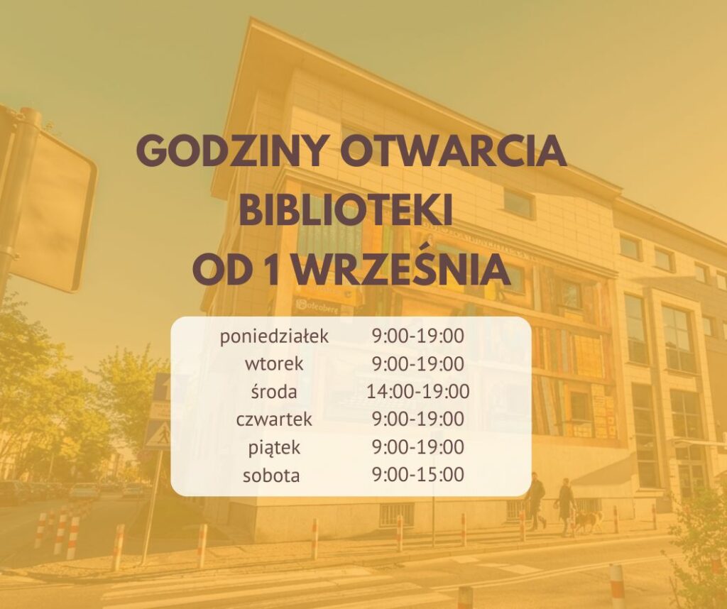 Grafika informująca o zmianie godzin pracy biblioteki od 1 września