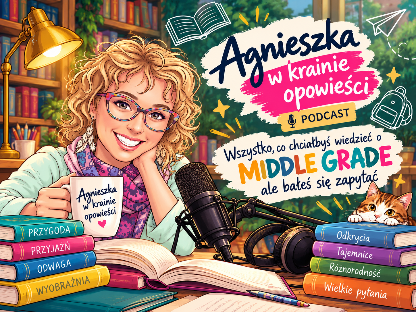 Grafika reklamująca podcast Wszystko, co chcielibyście wiedzieć o „middle grade”, ale baliście się zapytać | Agnieszka w krainie opowieści