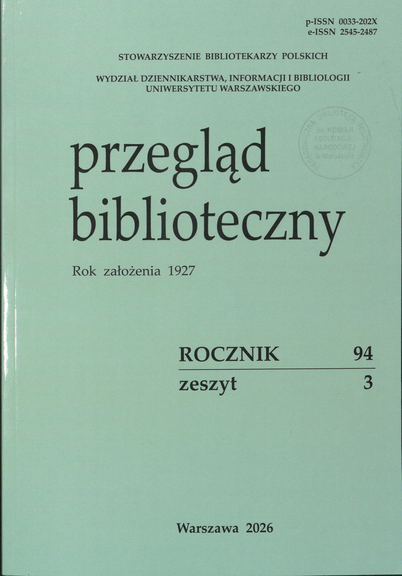 Okładka czasopisma Przegląd biblioteczny, nr 3/2026